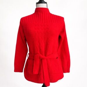 Vintage 70s Risa Red Belted Zip-Neck Knit Sweater, Size Small/Medium